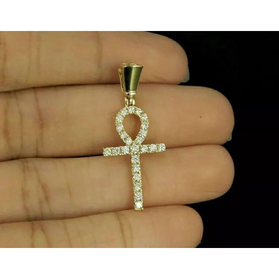 2Ct Round VVS1 Diamond Ankh Cross Pendant Charm 1.25"14K Yellow Gold Finish