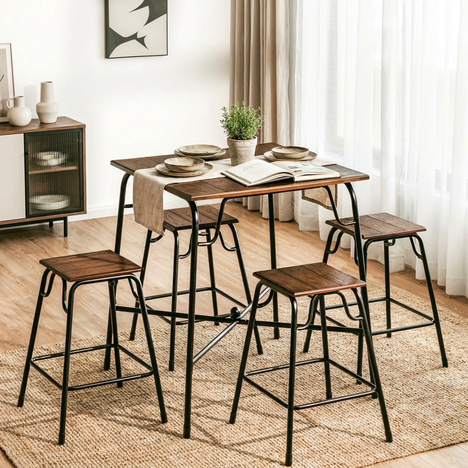 Furnibear 5 Pieces Bar Table Set with 4 Counter Height Backless Stools for Kitchen Dining Room Breakfast Nook Home, Rustic Brown