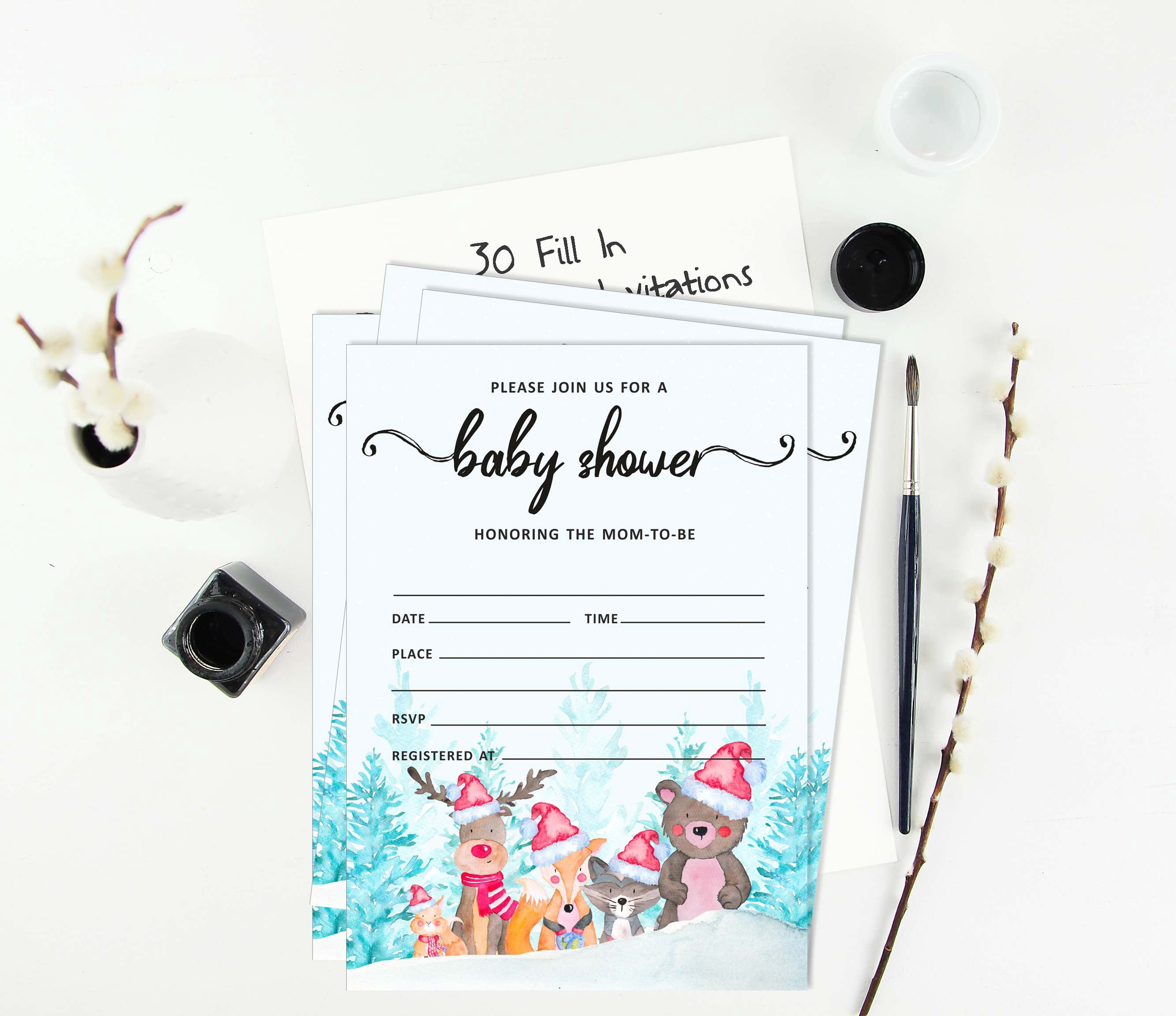 Inkdotpot 30 Fill In StyleBaby Shower Invitation Cards Winter Jungle Theme Gender Neutral Blank Invites