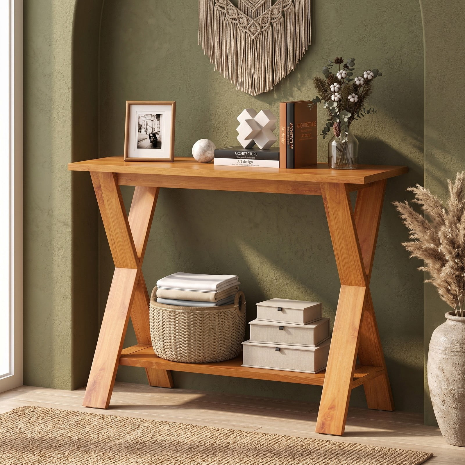 Furnibear 35 Inch Solid Teak Wood Console Table with Open Storage Shelf and X-Shaped Legs for Entryway and Living Room, Natural