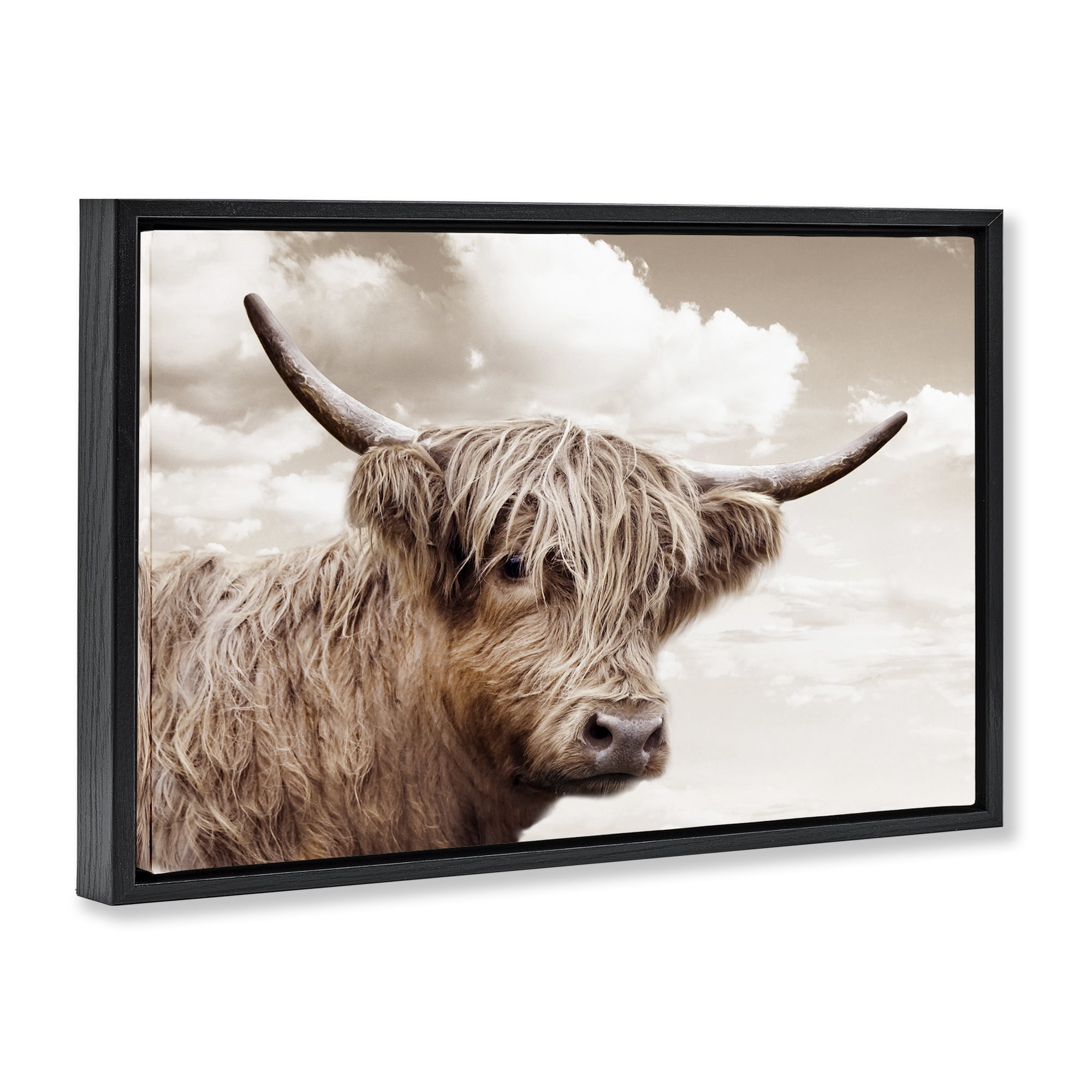 Stupell Industries Shaggy Highland Cow & Clouds Black Framed Floater Canvas Wall Art, design by CAD Designs