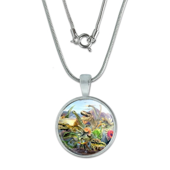 Dinosaurs Jurassic Dinosaurious Stampede 0.75" Pendant with Sterling Silver Plated Chain