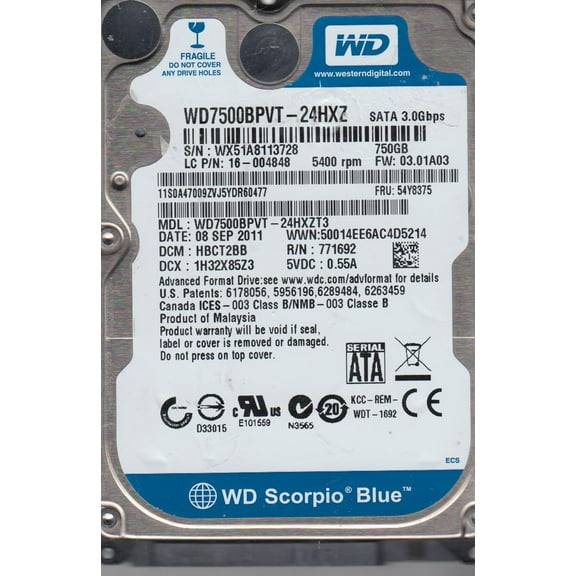 WD7500BPVT-24HXZT3, DCM HBCT2BB, Western Digital 750GB SATA 2.5 Hard Drive