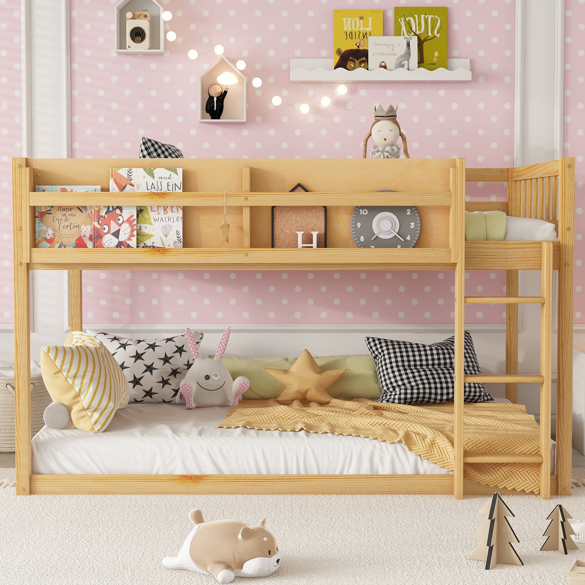 HOQBN Bunk Bed Twin Over Twin,Solid Wood Low Floor Bunk Bed with Ladder,Natural