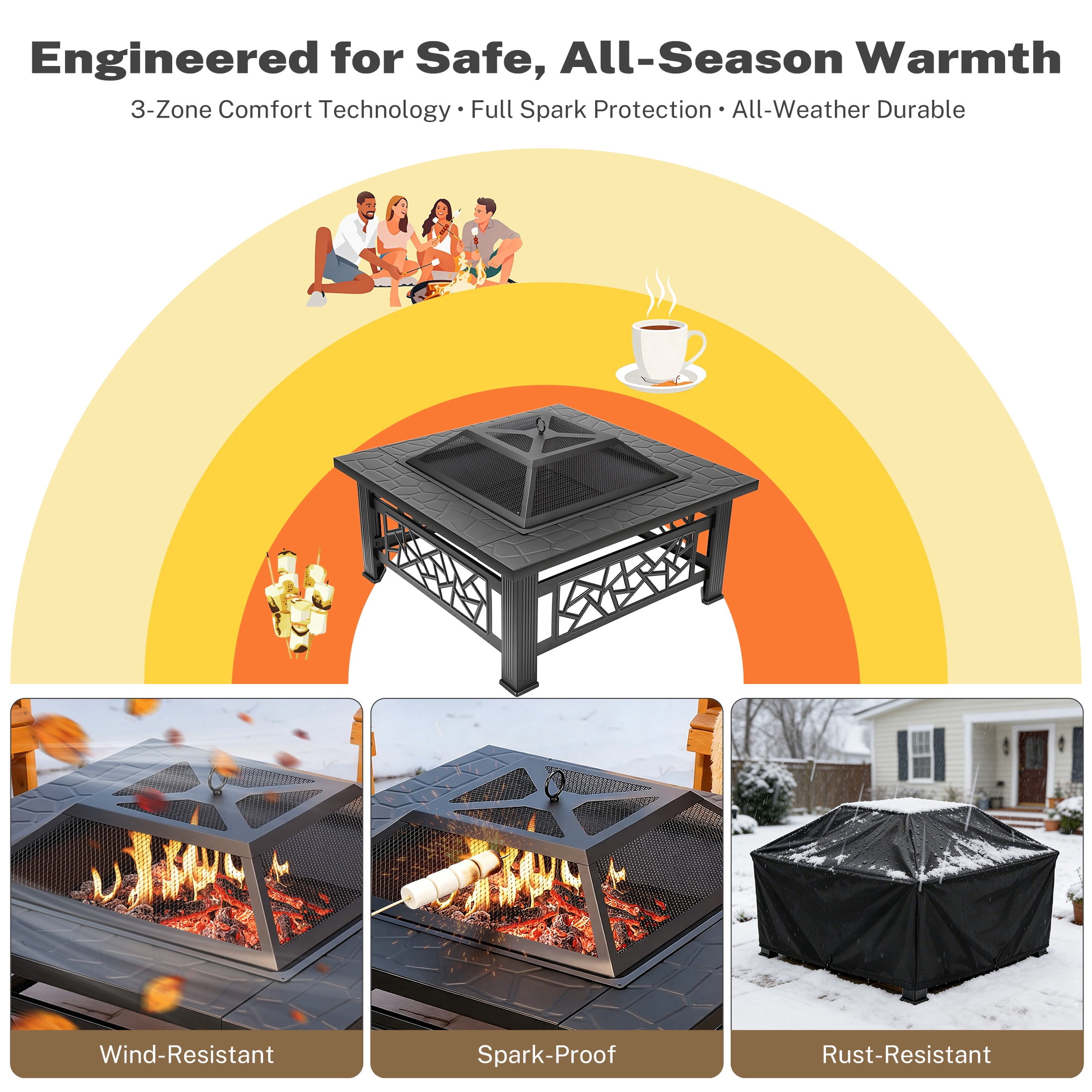 32" Fire Pit Table, UHOMEPRO 3-in-1 Outdoor Fire Pit with BBQ Grill, Mesh Lid & Cover, Modern Metal Square Wood Burning Fire Pit for Outside, Backyard, Patio & Camping