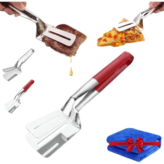 Stainless Steel Grill Clamp – Double-Sided Spatula Tongs with 10-inch Anti-Scald Extended Handle, Perfect for Flipping, Picking Up Food, and Oil Escape