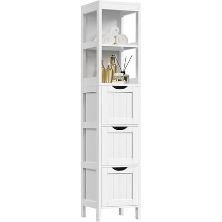 SAZYY Bathroom Tall Cabinet, Slim Storage Cabinet, Narrow Freestanding Floor Cabinet with 3 Drawers & 2 Shelves, Linen Tower for Small Space, 12" D x 12" W x 56" H, White