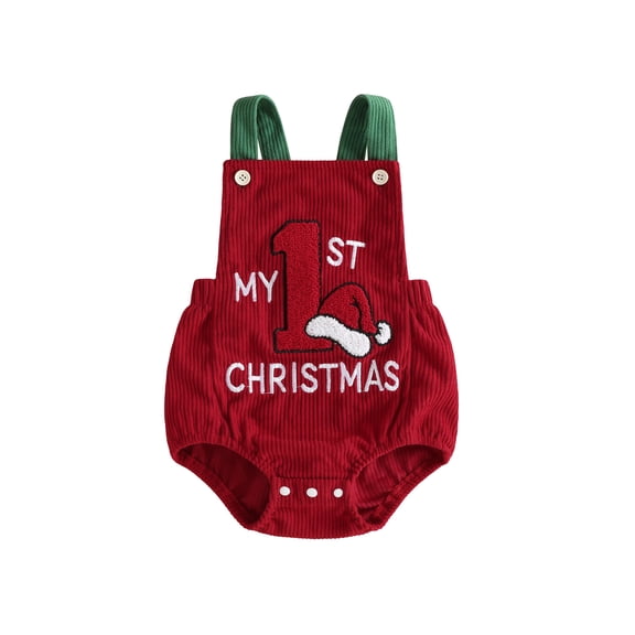 Loicainy Infant Baby Girl First Christmas Overalls Romper 3 6 9 12 Months Sleeveless Santa Hat Embroidery Bodysuit