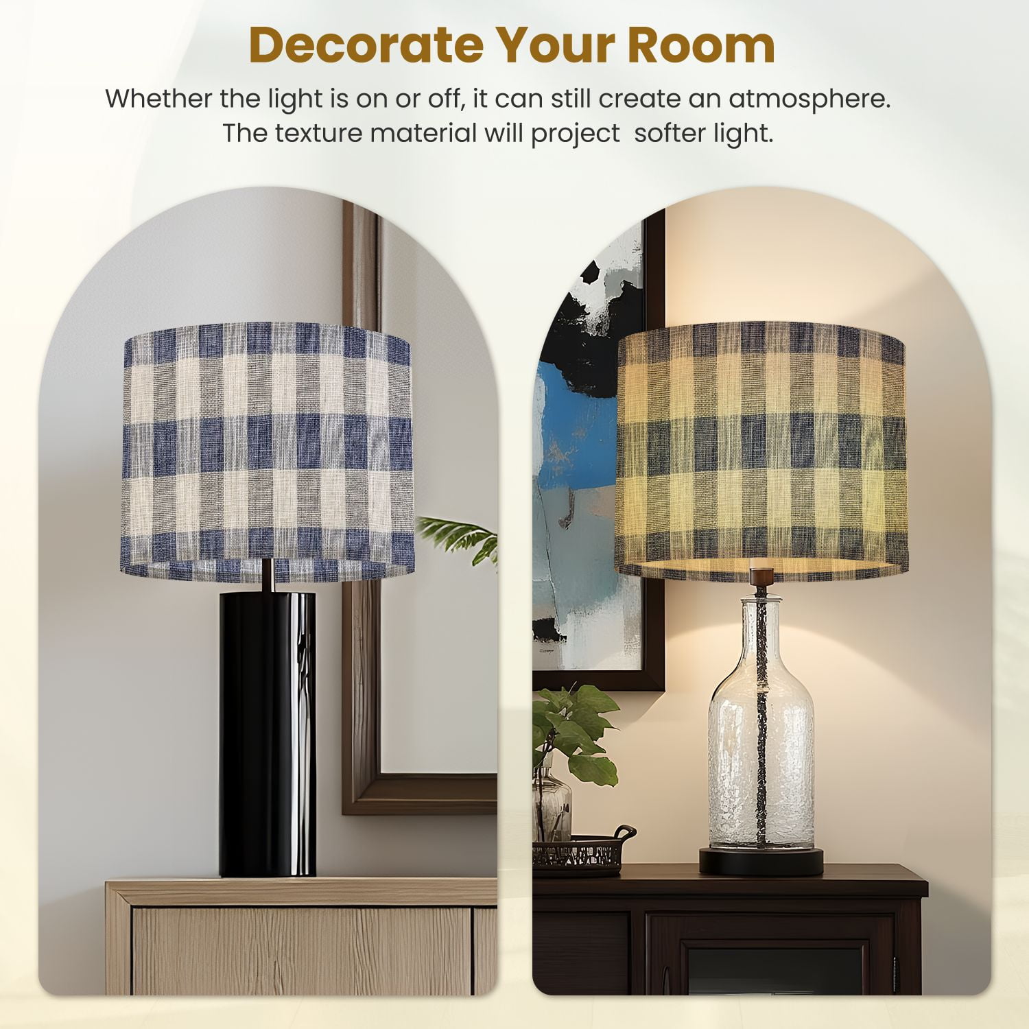 Lamp Shades Set of 2 Easy Assembly French farmhouse blue plaid check seamless border Rustic tonal country Drum Lampshades for Table Lamps Floor Lamps Pendant Light 13"x13"x10" Replacement Lamp Shade