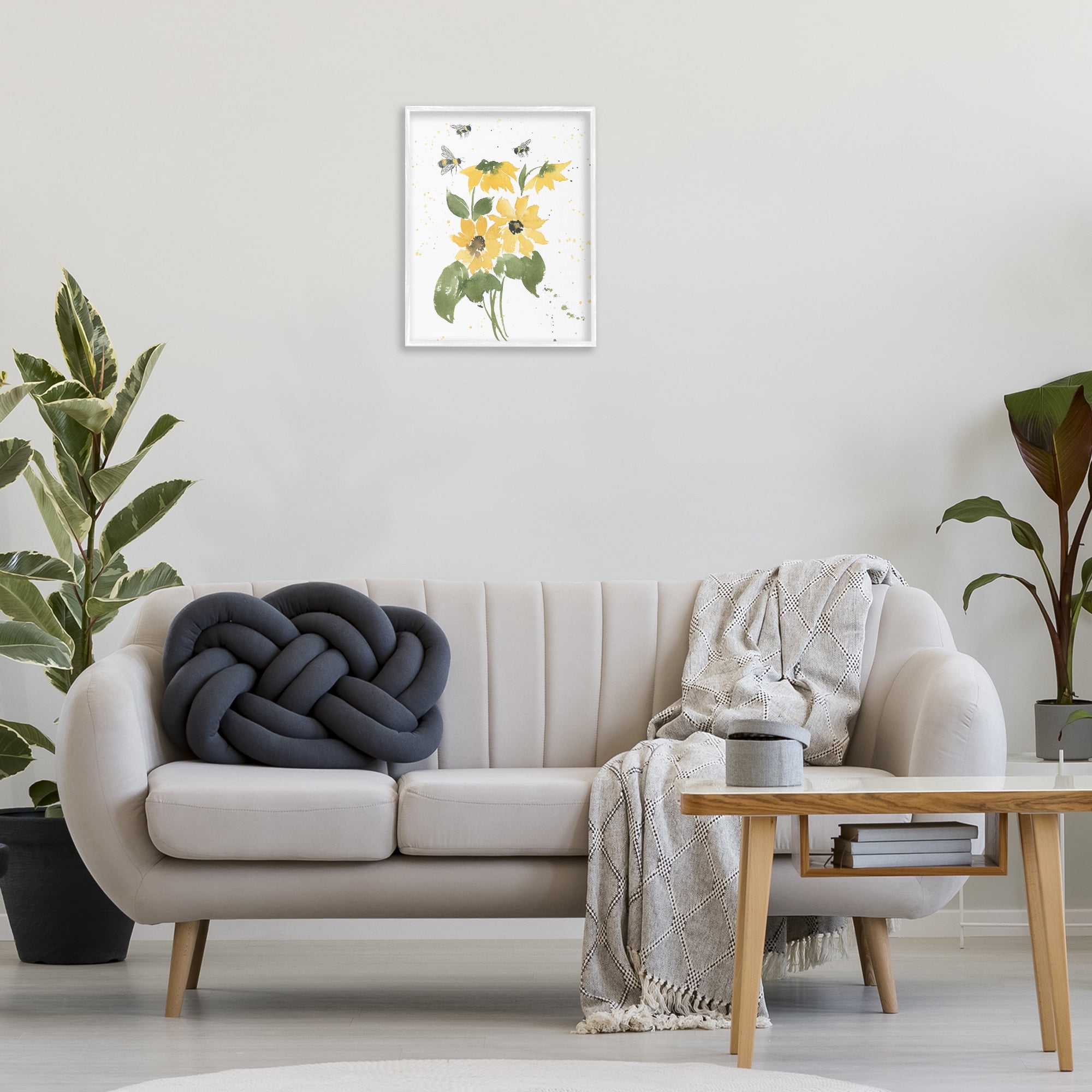 Stupell Industries Bumble Bees & Daisies Botanical & Floral Painting White Framed Art Print Wall Art, 16 x 20