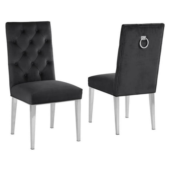 Velvet Tufted Side Chairs in Black with Silver Chrome Legs (Set of 2)
