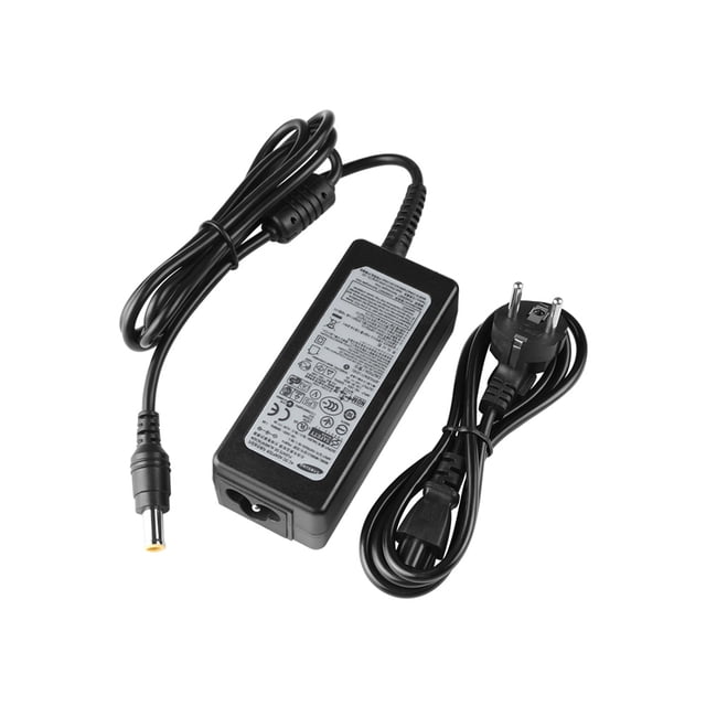 cargador compatible para laptop samsung 14v 3a (punta 6.5mm*4.43mm) marca siafu, adaptador de corriente rectangular negro con etiqueta técnica, cable de salida con conector cilíndrico 6.5×4.43 mm y cable de alimentación desmontable con clavija de pared sobre fondo blanco; a menudo usado también para alimentar monitores externos Samsung compatibles.