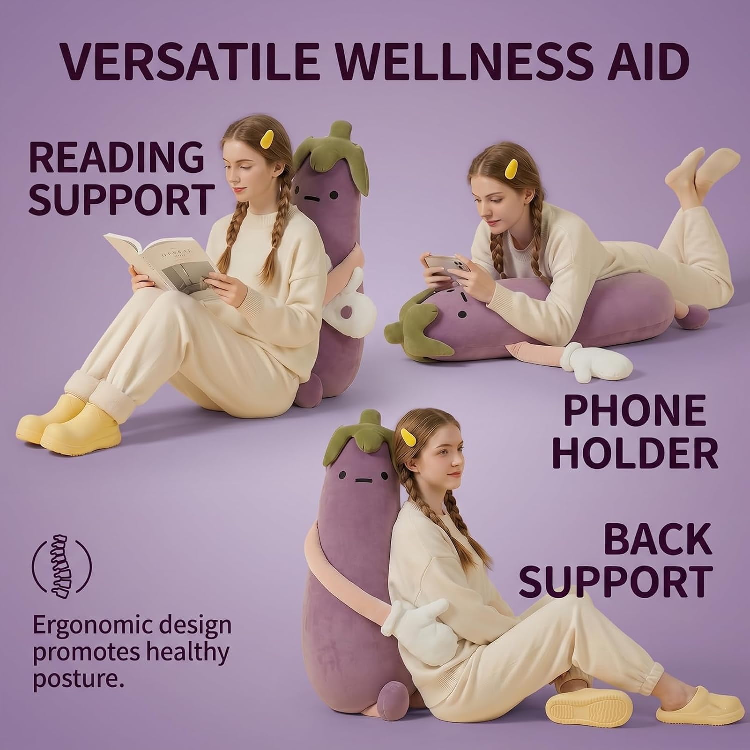 Eggplant Mango King Hugging Pillow, Smart Mango Patting Pillow for & Sleep Aid, Patting Pillows with Heating, Partner Plush Comfort Pillows for Side Sleepers (Eggplant, Basic, S 27.56in)