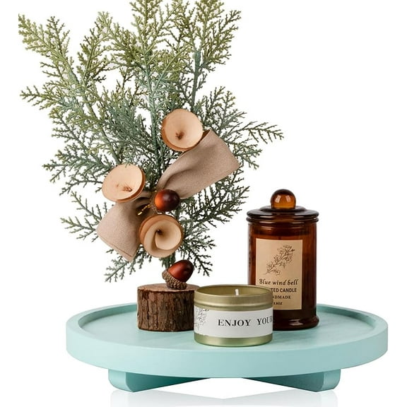 Round Decorative Tray Wood Bathroom Counter Organizer Farmhouse Kitchen Decor Wooden Riser for Soap Dish, Perfume, Candle, Sponge, 8" - Blue