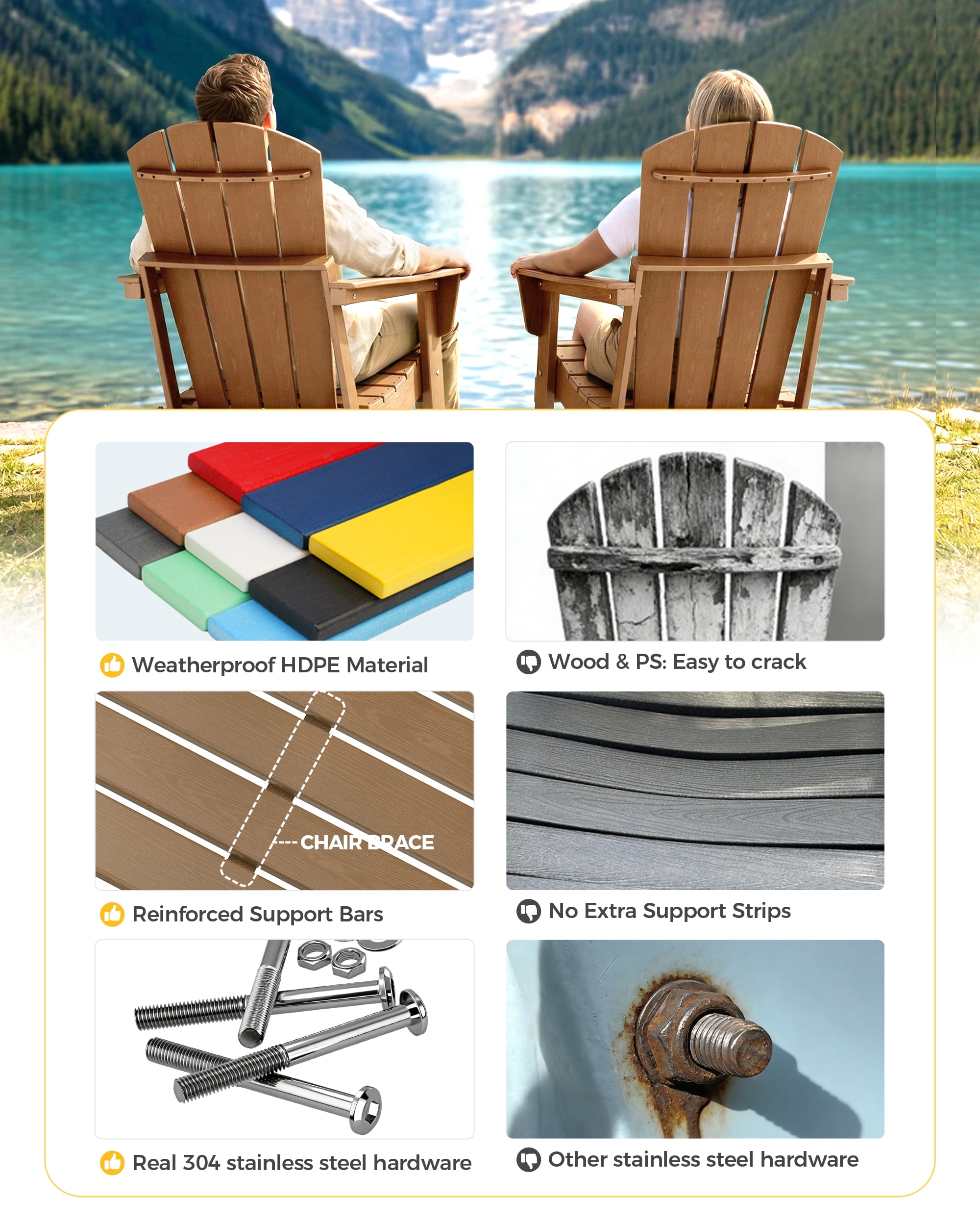 Cobiod Folding Adirondack Chair Set of 2, HDPE Patio Chair, All-Weather Space-Saving Foldable Fire Pit Seating for Camping, Backyard, Deck - Cedar