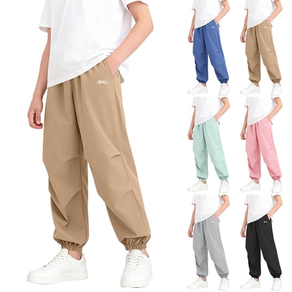SGFCWSX Boys Athletic Pants Elastic Waist Elastic Cuffs Quick Dry Loose Fit Casual Jogger Trousers with Pockets for Kids Khaki Size 9-10 Years