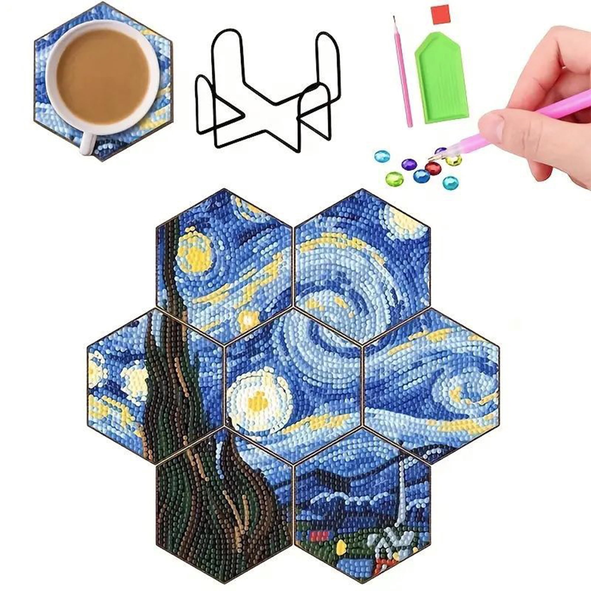 YIFEI Hexagon Diamond Art Coasters Kit with Holder 7 Pcs Starry Sky Mosaic Diamond Painting Coasters DIY Craft for Adults Beginners Gift
