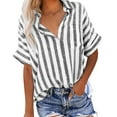thumbnail image 3 of Black Women T Shirts Loose Fit, Spandex Blouses For Women Business Casual, Women Striped Button Down Shirts Cotton Linen Blouse Tops Short Sleeve Collar Guaze Shirt Trendy Vacation Work Clothes, 3 of 8