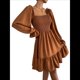 thumbnail image 1 of Vestido Mini de Fiesta Fluido con Escote Cuadrado, Larga, Volantes y Farol para Mujer Marrón S, 1 of 10