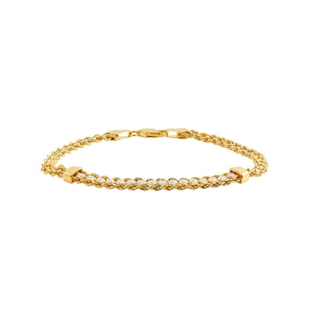 Brilliance Fine Jewelry Sterling Silver and 18K Gold-Plated Rope with Cubic Zirconia Bracelet, 7.5"