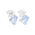 thumbnail image 2 of BemeyourBBs Toddler Baby Girl Back to School Outfit Kids Pre Kindergarten Outfits Little Baby Girl Summer Clothes Short Sleeve Ruffle Trim Bow Pencil Print T Shirt Tops Flared Pants Sets, 2 of 9