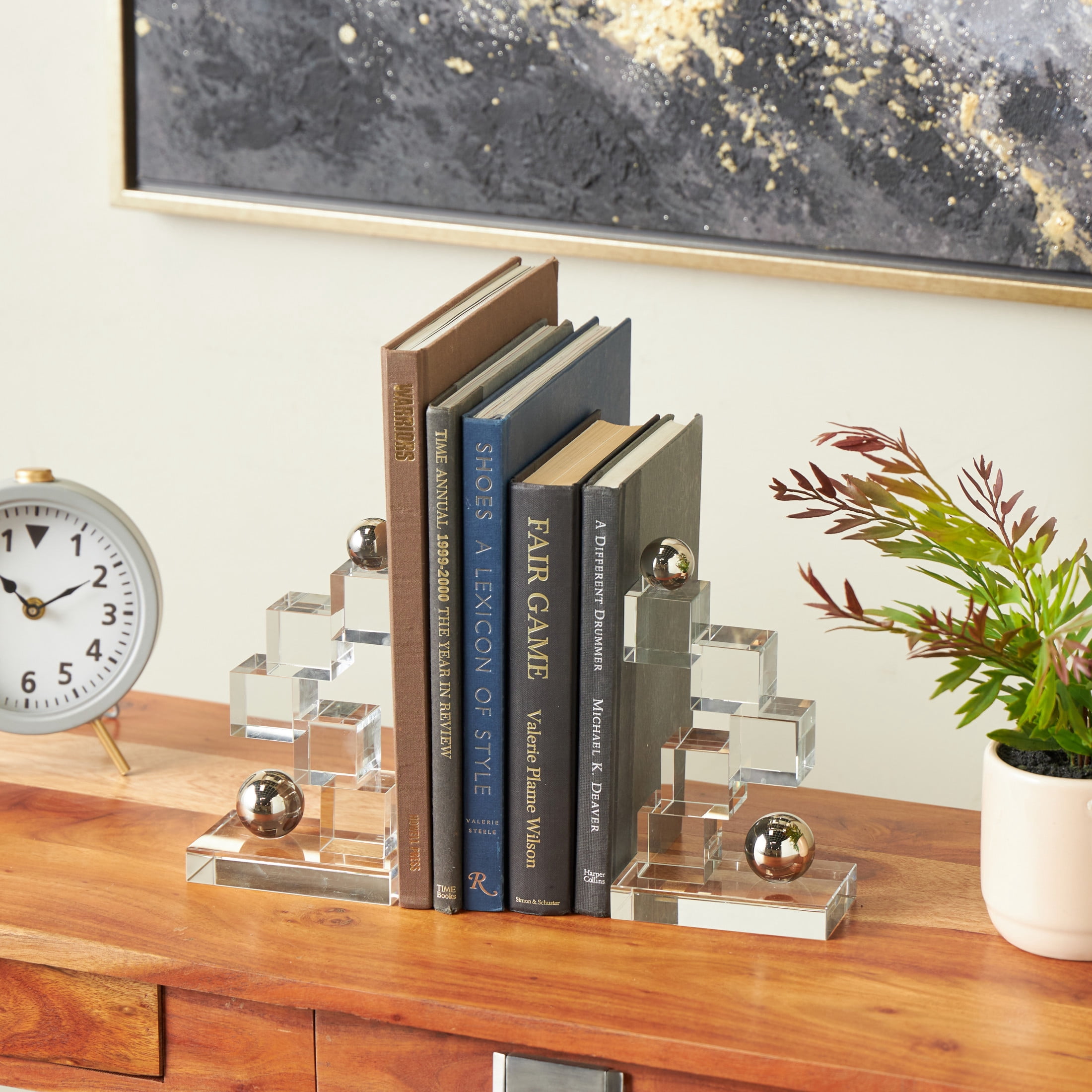 DecMode 5" Stacked Squares Geometric Clear Glass Bookends with Silver Orbs (Set of 2)