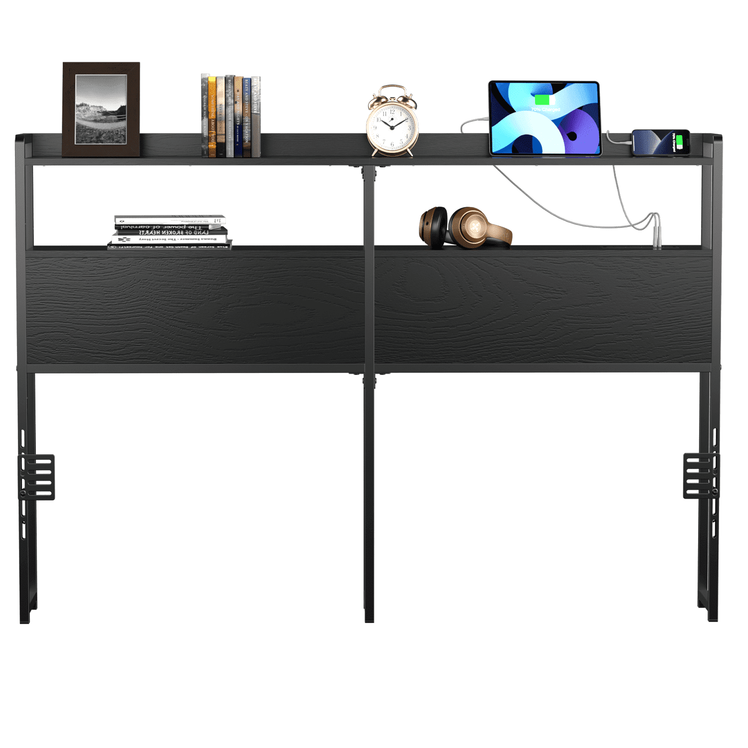 Behost Queen Size Panel Headboard with Outlet and LED Light, Queen Headboard with Two Tiers of Storage, Black