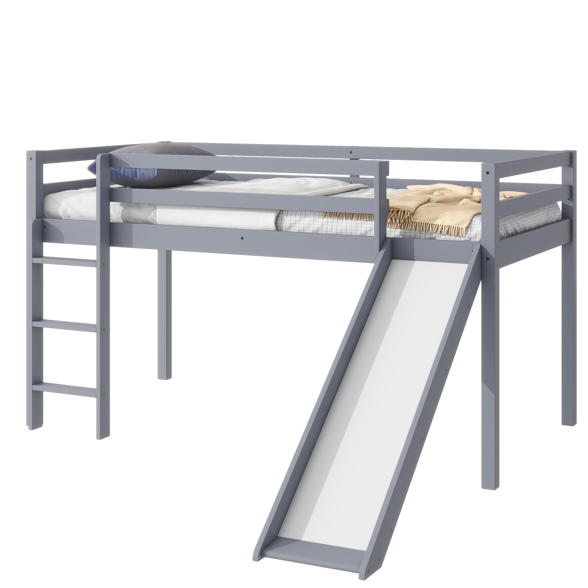 Sailvan Twin Low Loft Bed with Slide, Ladder, Safety Guardrails, Rubber Wood Twin Loft Bed