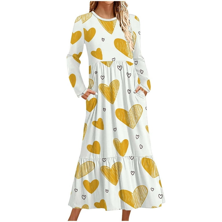 Jinhomg Flowy Holiday Dress for Women Cute Valentine's Day Heart Print Maxi  Dress Casual Comfy Long Sleeve Crew Neck Tiered Dresses with Pockets Deals  ...