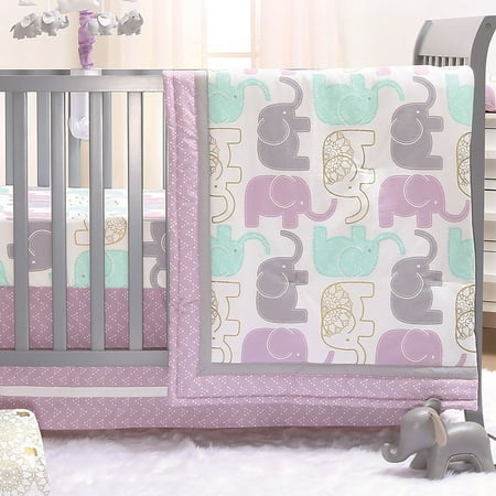 The Peanut Shell 3 Piece Baby Girl Crib Bedding Set - Little Peanut Lilac and Gold Elephants - 100% Cotton