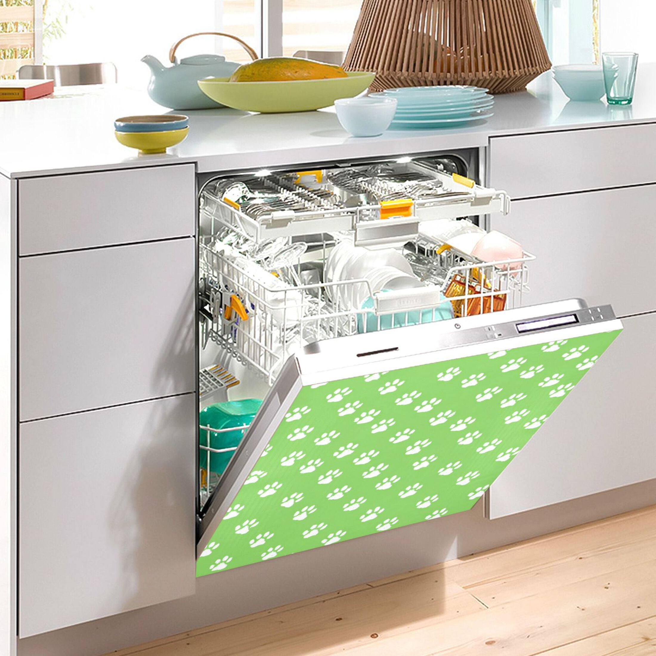 Dishwasher Magnetic Refrigerator Magnet Cover Sticker Home Decorative 23"x26" Green Paw Print Pattern