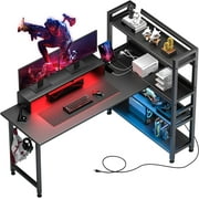 COMHOMA Computer Desk, 55" inch Home Office Desk with Shelves, L Shape Computer Corner Desk with Charging Port, Gaming Table Power Outlet Build in, LED Writing Desk with Monitor Stand, Black