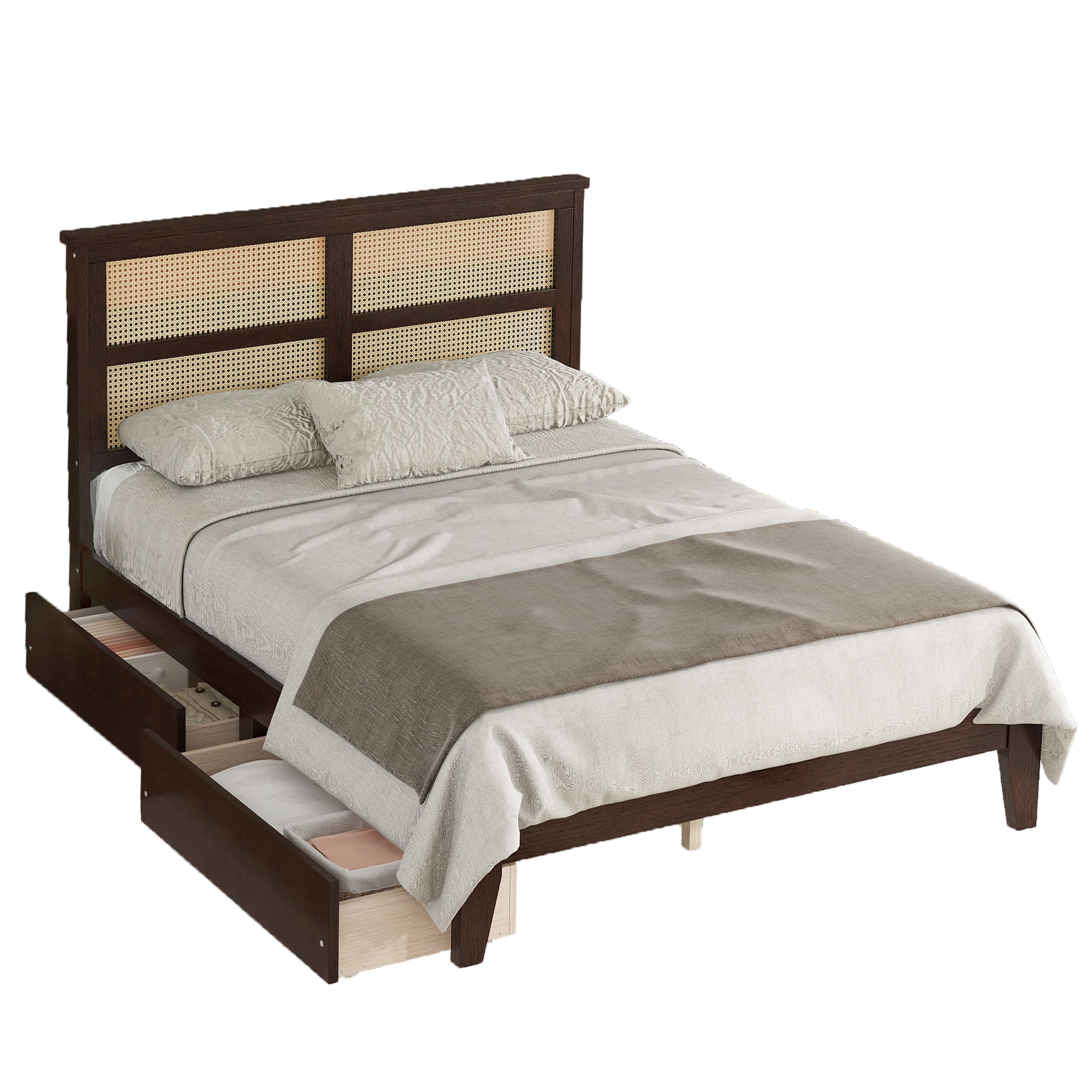 Sailvan Full Size Bed with Rattan Headboard, 2 Drawers, Rubber Wood Bed with Support Slats and Feet