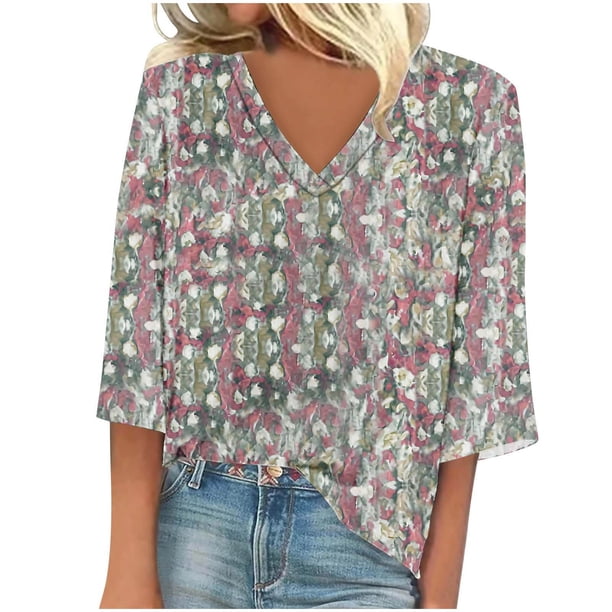 Blusa de Manga Corta Mujeres Cuello en V de Verano Impreso, Top Regular Casual Sexy para el Hogar Y el Uso Diario