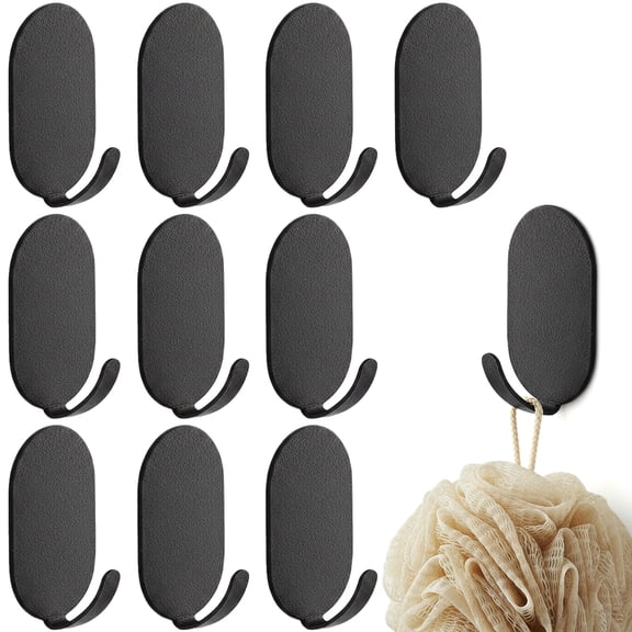 10 Pcs Sticky Adhesive Hooks for Hanging, Stainless Steel Key Holder Command Hooks Stick On Wall Mount Hanger Over The Door Metal Hook Utility Hooks for Kitchen, Cup, Coat, hat, Picture (Black)