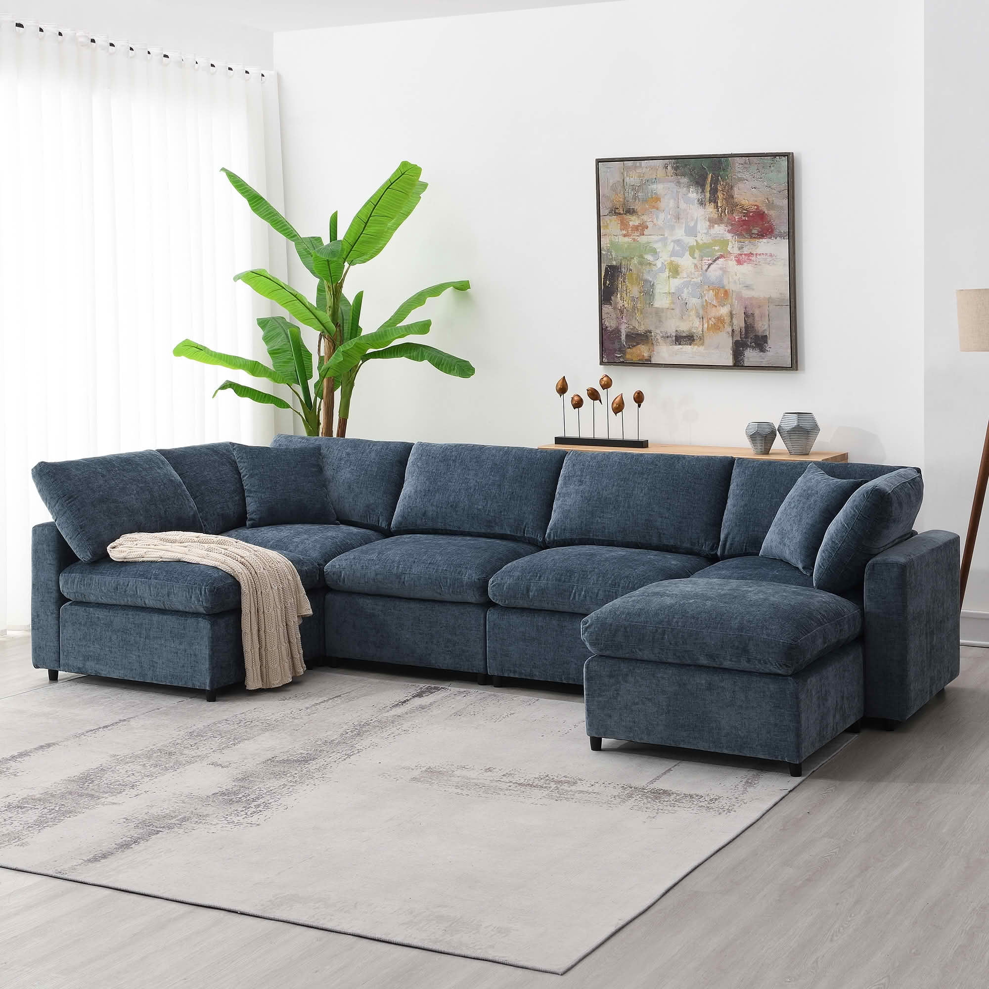 MAYEERTY 130x65" Modular Cloud Sofa Bed - 6-Seat Chenille, Convertible U-Shaped with Ottoman