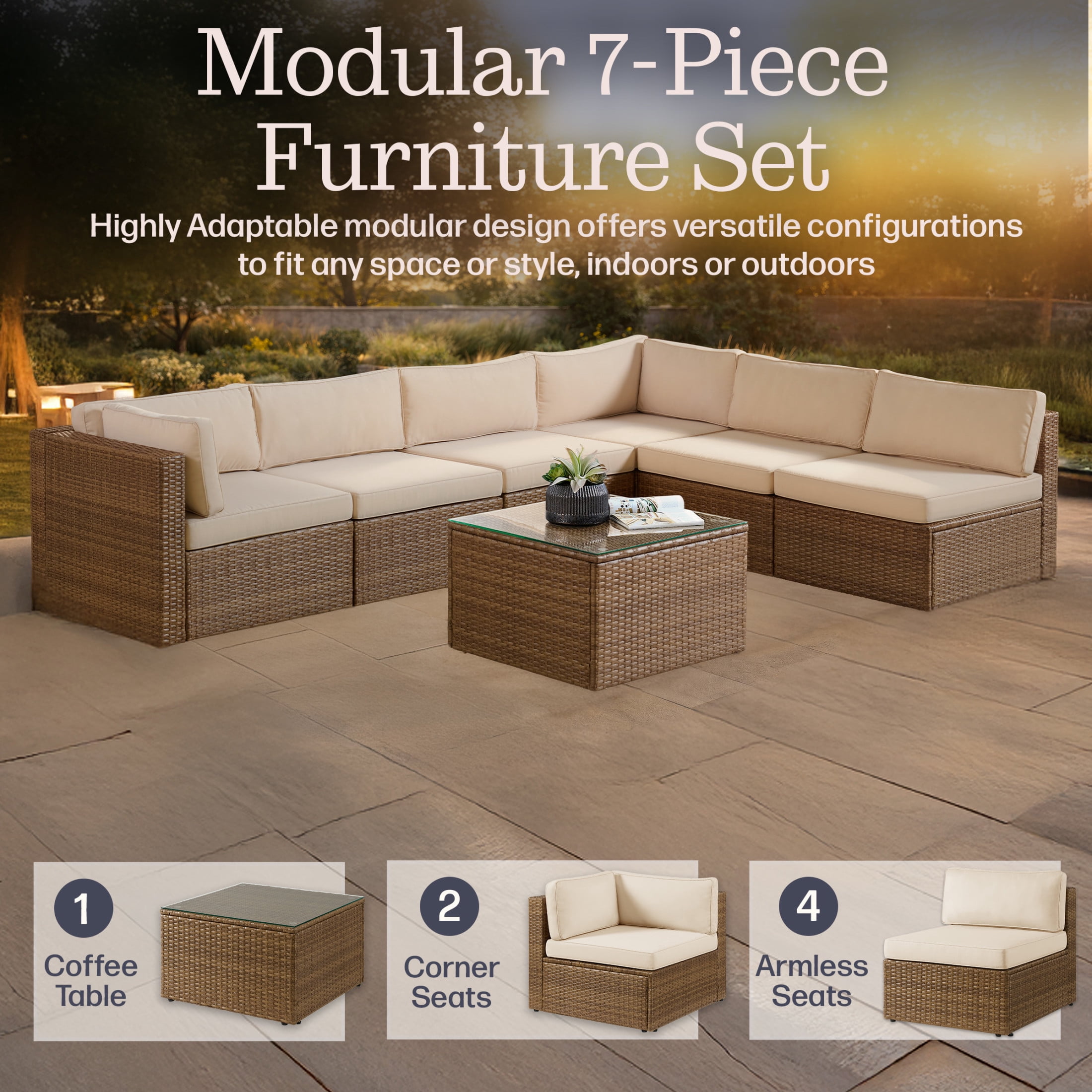 Alaterre Furniture Montara 7Pc Patio Furniture Set with Outdoor Couch and Table, Tan/Cream