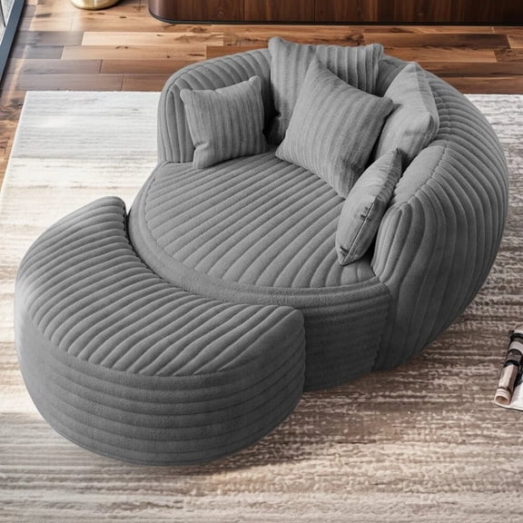 Wiilayok 50" W Oversized Chaise Lounge Chair Indoor Furniture,Corduroy Compressed Round Deep Seat Cloud Sofa Couch with Ottoman,5 Pillows for Living Room, Bedroom,Light Gray