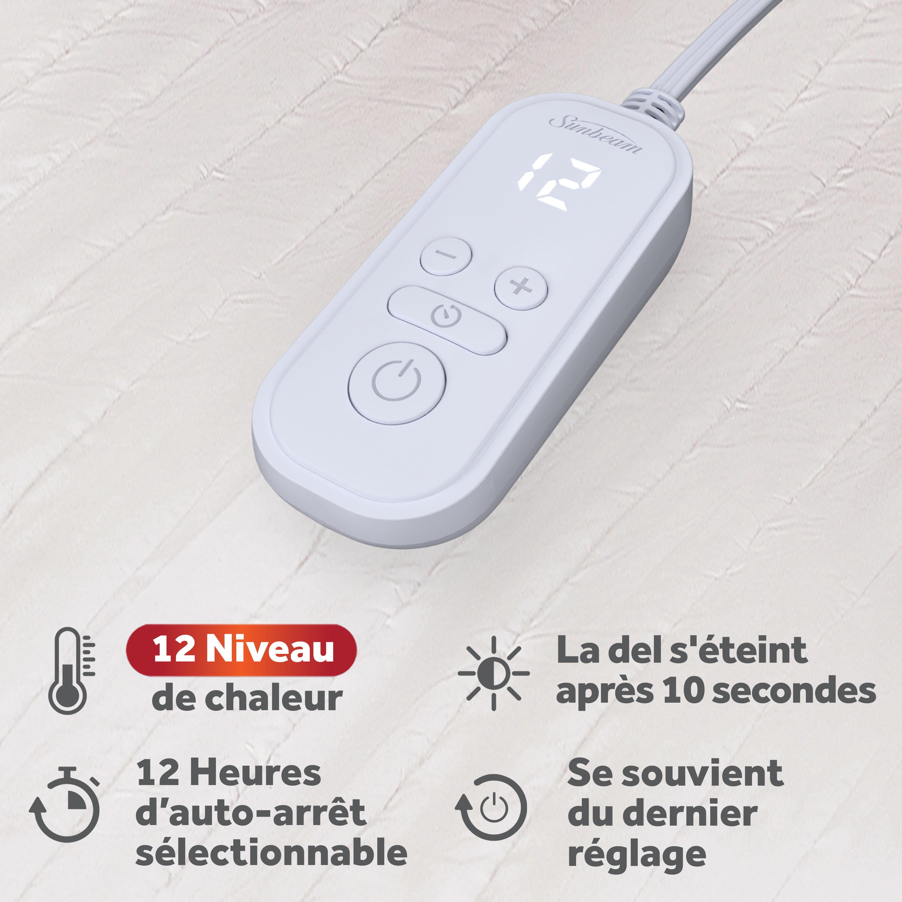 Surmatelas chauffant matelassé blanc Sunbeam pour lit jumeau, 12 réglages de chaleur, arrêt automatique, chauffage rapide, 99 cm x 190,5 cm (39 po x 75 po) SUNBEAM SB MPAD M1P TS