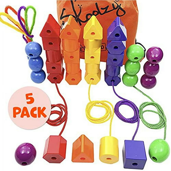 Skoolzy Jumbo Lacing Beads 40 Piece Set - 5 Pack - Autism Fine Motor Skills Montessori Toys - 36 String Beads, 4 Strings, Travel Bag, Preschool Activities eBook Set
