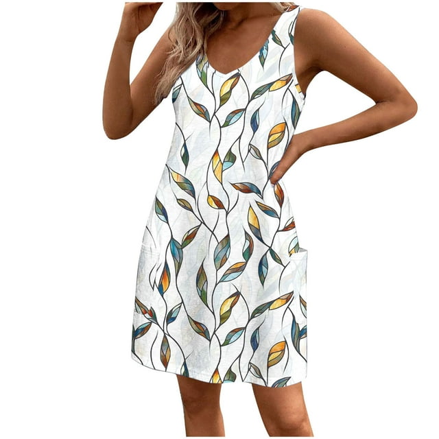 Vestido Corto para Mujeres Verano sin Mangas Cuello en V, Impresión de Moda con Bolsillos, Poliéster de Algodón Casual