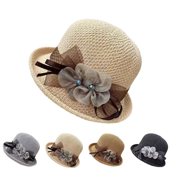 Helii Crochet Bucket Hat for Women Handmade Paper Straw Sun Hat Packable Bowler Hat Roll Brim Vintage Church Fascinator Wedding Tea Party Summer Cap Black,One Size