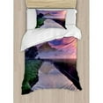 thumbnail image 3 of Scenery Decor Queen Size Duvet Cover Set, Still Lake View with Misty Purple Sunny Sky and Big Mountain on the Background, Decorative 3 Piece Bedding Set with 2 Pillow Shams, Multi, by Ambesonne, 3 of 3