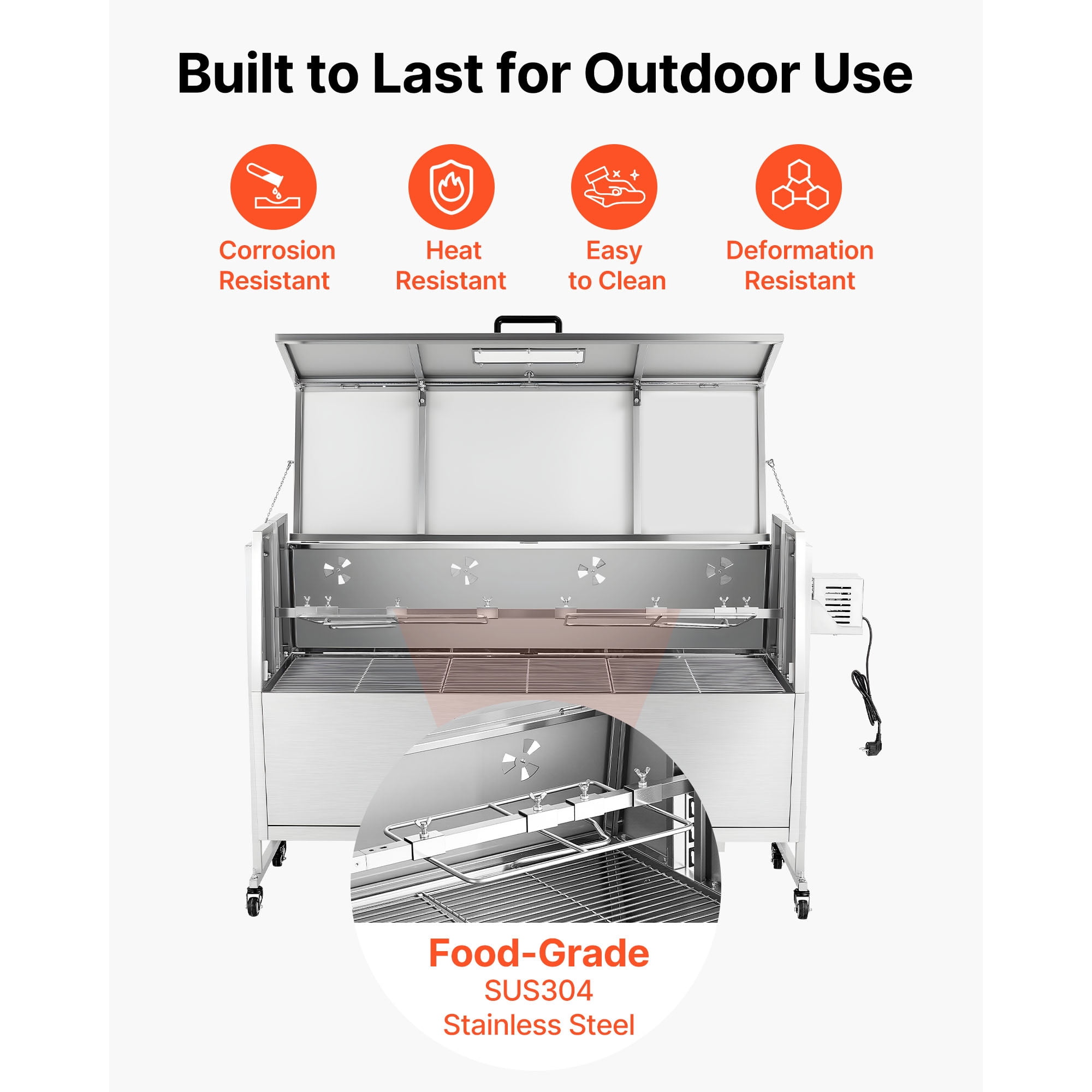 KFFKFF Rotisserie Grill 38W BBQ Outdoor Spit Roaster for Pig & Lamb, Charcoal Roaster with 132 lbs Capacity, Adjustable Height Levels, Wheels, and Stainless Steel Electric Grill Kit for Camping