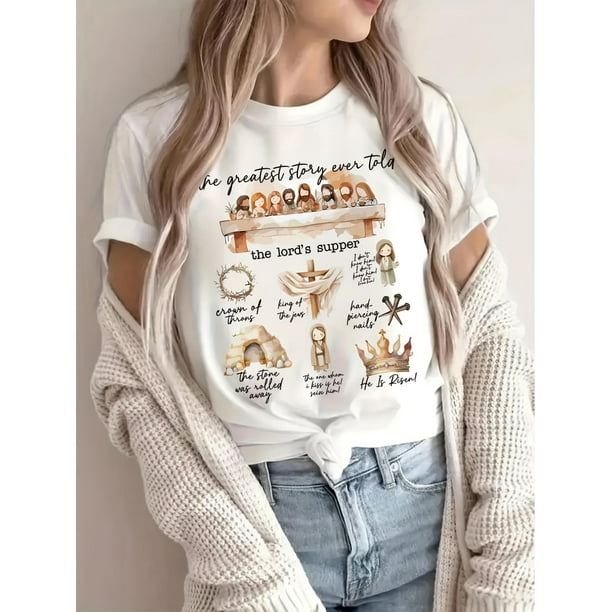 Historia de Pascua, al tercer día de su resurrección, Pascua cristiana, Resucitó. Camiseta de cuello redondo con estampado. Camiseta informal de manga corta y cuello redondo Four Seasons. Ropa para mu