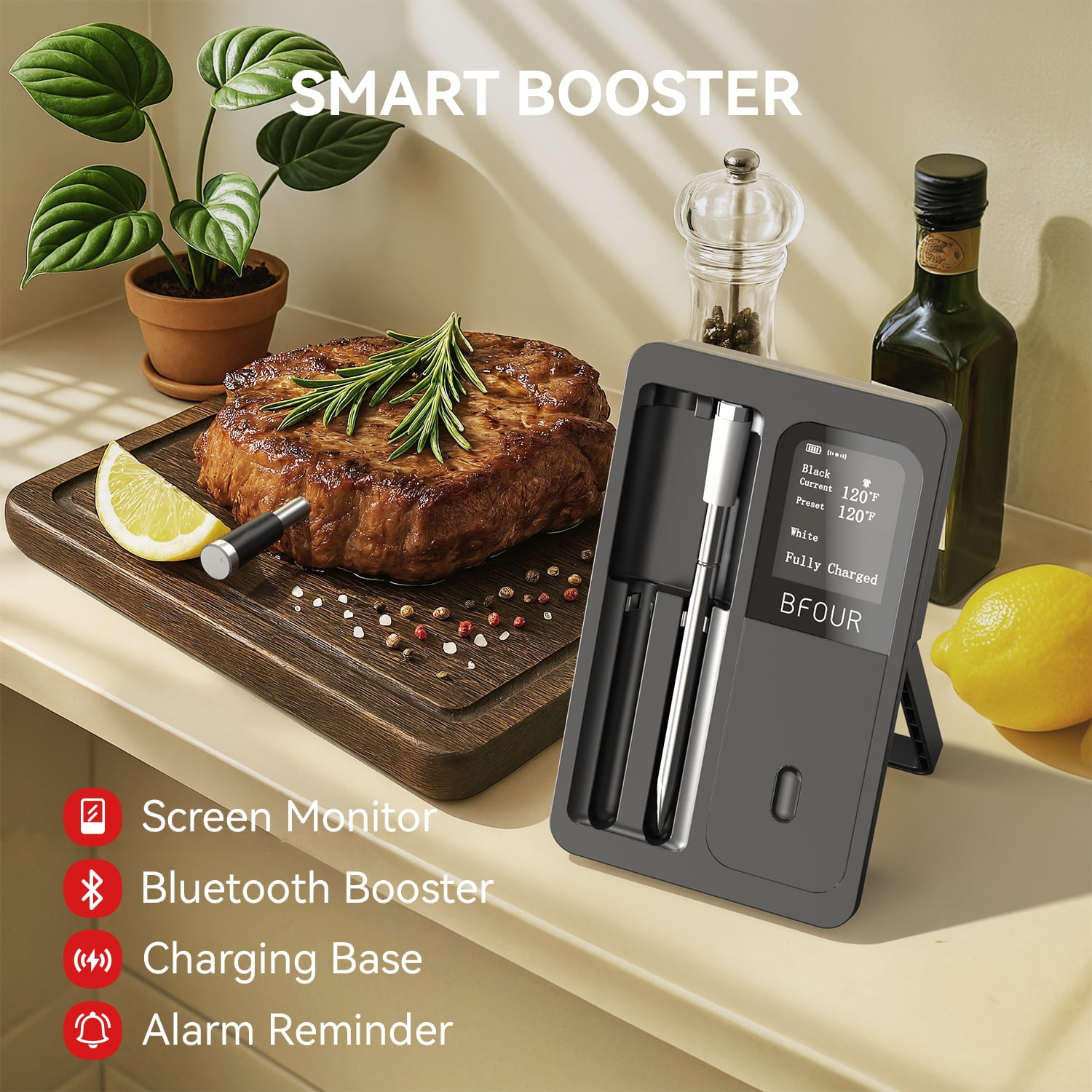 BFOUR Wireless Meat Thermometer with 2 Probes - Bluetooth Smart BBQ Food Thermometer with 500ft Range & App - Rechargeable Digital Cooking Thermometer for Grilling, Smoking, Oven
