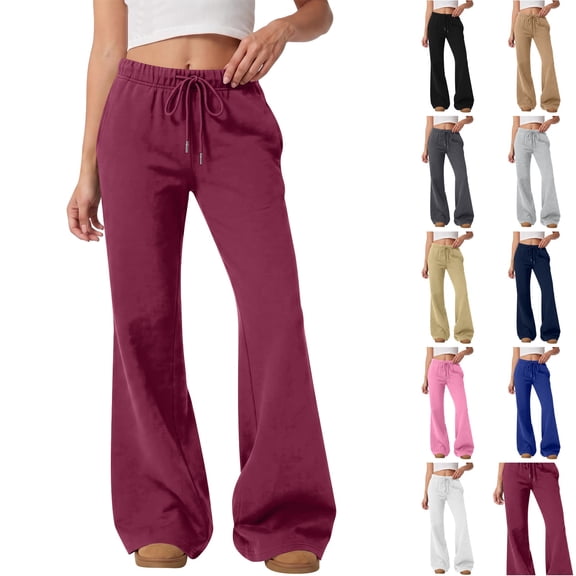 WULMLEO Womens Drawstring Flare Sweatpants High Waist Relaxed Fit Bell Bottom Trousers Wine M