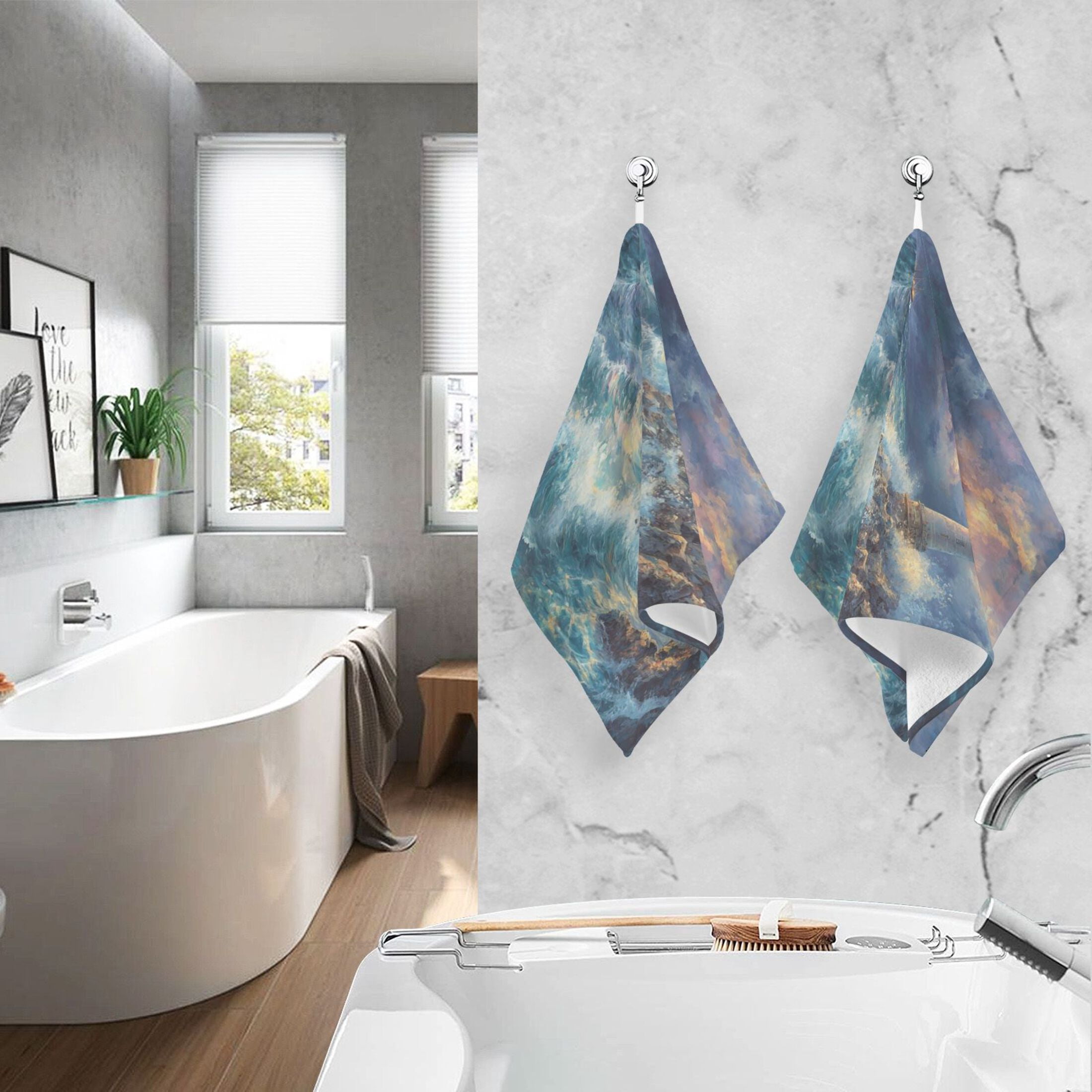 Cotton Towel Two-Piece 16x28 Inch One Sizex2 Face Towel Set Towel Set Cotton Hand Bath Towel Bathroom Beach Lighthouse at Sea