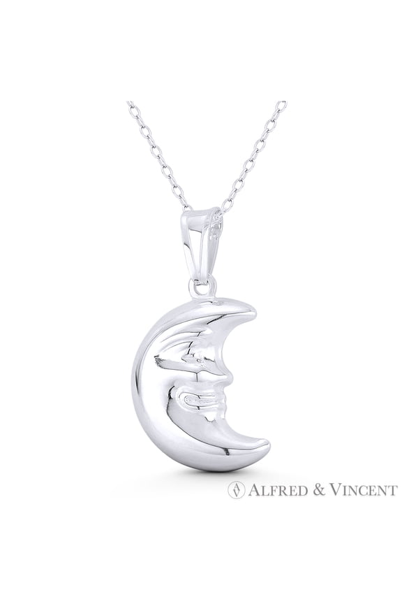 Smiling Face Crescent Moon Astrological Charm 32x17mm (1.3x0.7in) Pendant & Chain Necklace in .925 Sterling Silver