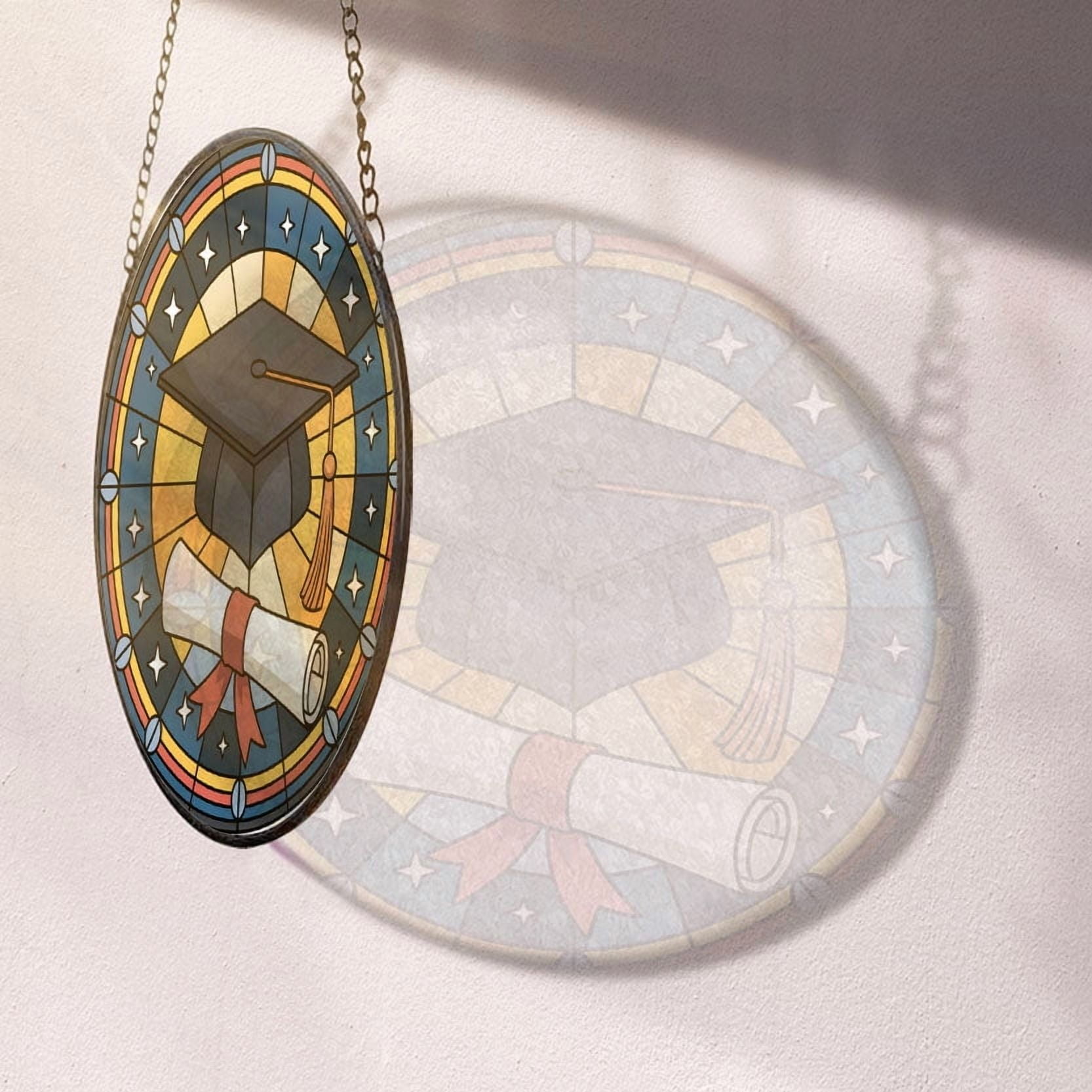 A Graduation Cap and Diploma Stained Glass Suncatcher Window Hanging – Customizable Window Hanging for Loved Ones, Family or Friends, Christmas 2025 Holiday Tree Decoration